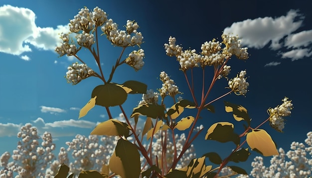Zdjęcie rośliny z białymi kwiatami i błękitnym niebem z chmurami.
