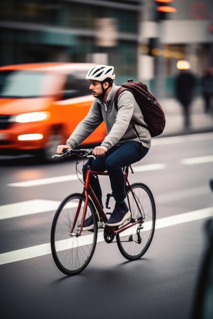 Zdjęcie rowerzysty używającego telefonu podczas jazdy na rowerze w mieście stworzone za pomocą generatywnej sztucznej inteligencji