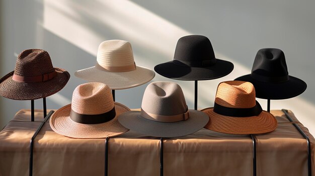 Zdjęcie różnorodnych eleganckich kapeluszy o szerokich krawędziach