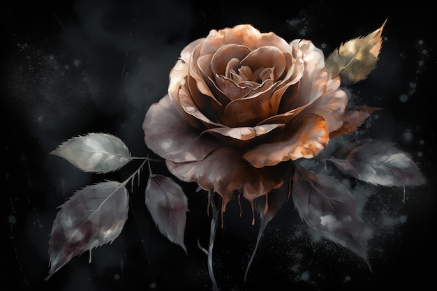 zdjęcie róży na ciemnym tle z białym napisem
