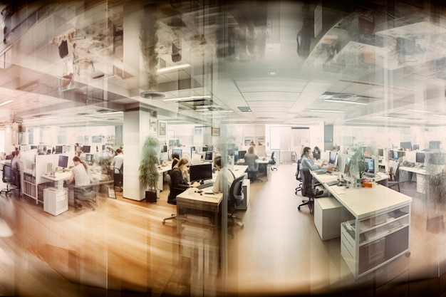 Zdjęcie ruchliwej przestrzeni biurowej z ludźmi pracującymi na komputerach.