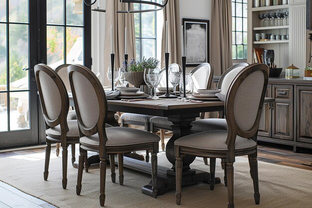 Zdjęcie zdjęcie rustikalnego, eleganckiego stołu jadalnego dla wygodnego, nowoczesnego życia