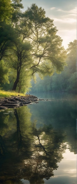 Zdjęcie rzeczywiste jako Reflective Serenity Odbicia na brzegu rzeki odzwierciedlają piękno spokojnego krajobrazu i