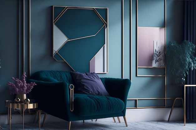 Zdjęcie salonu z niebieskimi ścianami i złotą ramą