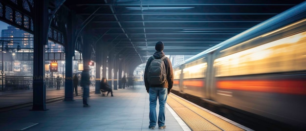 Zdjęcie samotnego młodego mężczyzny z długim czasem ekspozycji, zrobionego od tyłu na stacji metra z zamazanym pociągiem