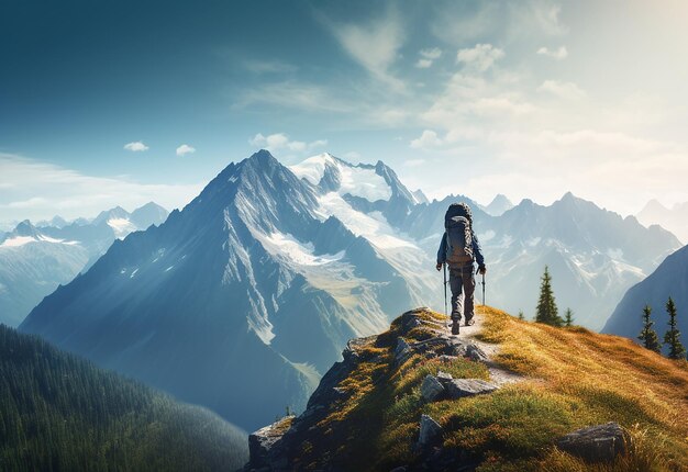Zdjęcie samotnego turysty na szczycie górskiego wzgórza z pięknym tłem przyrody