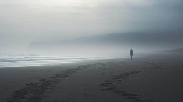 Zdjęcie samotnej postaci na mglistej plaży z wyciszonymi kolorami