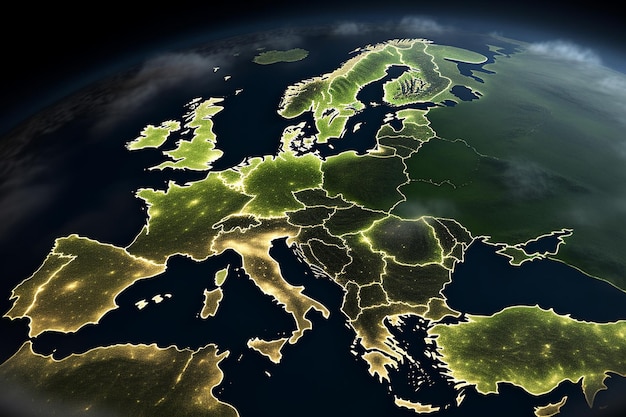 Zdjęcie satelitarne Europy nocą przedstawiające światła miasta.