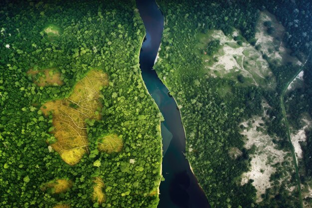 Zdjęcie zdjęcie satelitarne kurczącego się obszaru lasów deszczowych w czasie utworzone za pomocą generatywnej sztucznej inteligencji