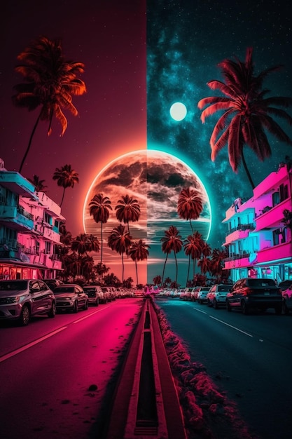 Zdjęcie sceny ulicznej miasta z pełnią księżyca w tle generatywnej ai