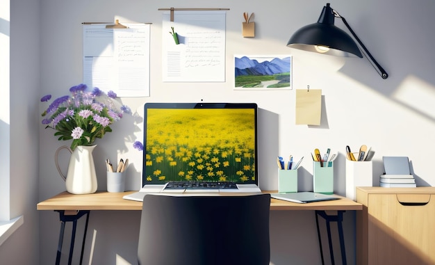 Zdjęcie ściany wewnętrznej z wazonem kwiatowym ze smartfonem na laptopie na stole roboczym