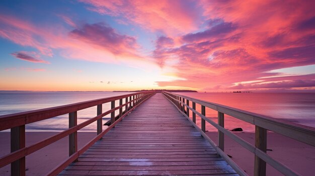Zdjęcie zdjęcie ścieżki na plaży, w której świeci zachód słońca