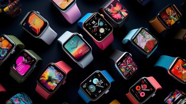 Zdjęcie serii Apple Watch z różnymi paskami i tarczami