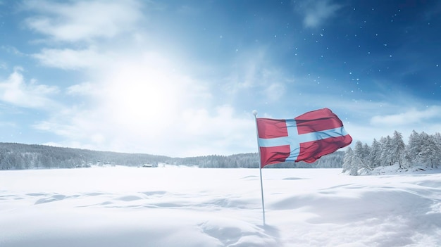 Zdjęcie skandynawskiej flagi w śnieżnym zimowym krajobrazie