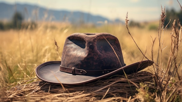 Zdjęcie zdjęcie skórzanego kapelusza na tle terenu wiejskiego