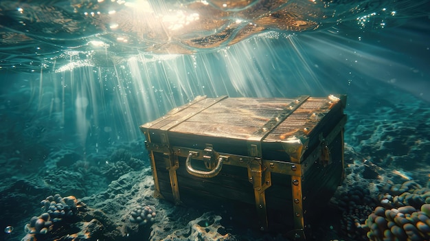 Zdjęcie skrzyni skarbów zanurzonej pod wodą z promieniami światła