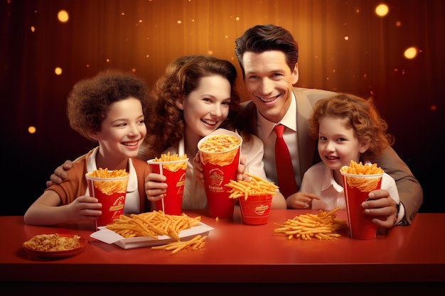 Zdjęcie skupiające się na rodzinie cieszącej się szybkim jedzeniem generatywne ai