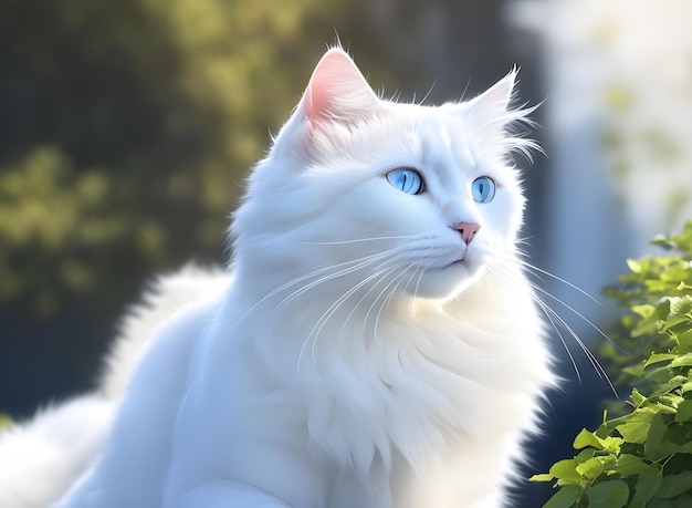 Zdjęcie ślicznego domowego białego kota siedzi przy oknie i gapi się
