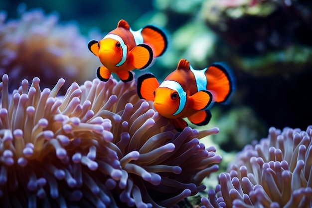 zdjęcie słodkie ryby anemonowe bawiące się na rafie koralowej piękne kolorowe błazenki na koralowcach