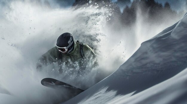 Zdjęcie snowboardzisty przedzierającego się przez świeży puch