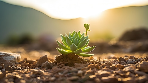 Zdjęcie soczystej rośliny z pustynnym krajobrazem na tle ciepłego światła słonecznego