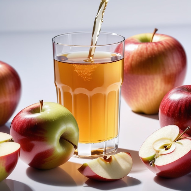 Zdjęcie zdjęcie soku jabłkowego z kawałkami jabłka izolowanymi na gładkim tle