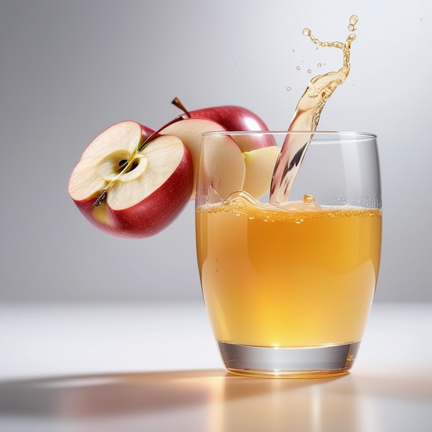 Zdjęcie soku jabłkowego z kawałkami jabłka izolowanymi na gładkim tle