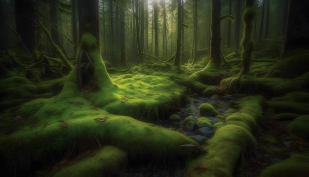 Zdjęcie spokojna ścieżka prowadzi przez tajemniczy las generowany przez ai