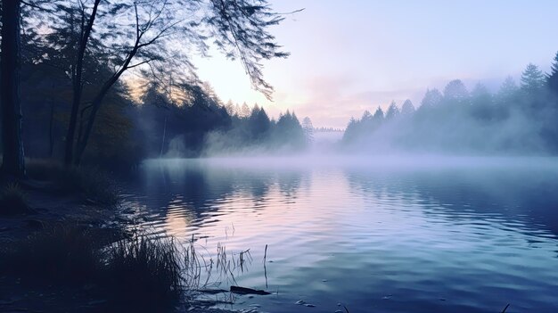 Zdjęcie spokojnego jeziora o świcie mgła unosząca się z wody