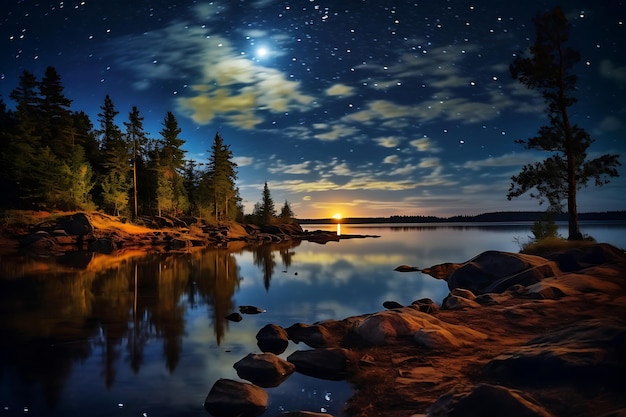 Zdjęcie zdjęcie spokojnego jeziora odzwierciedlającego krajobraz nocny w świetle księżyca