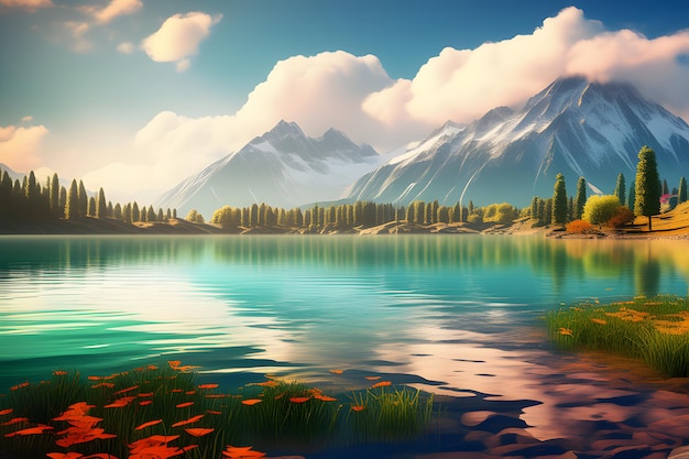 Zdjęcie spokojnego krajobrazu przyrody z jeziorem górskim w tle pod miękkim światłem słonecznym