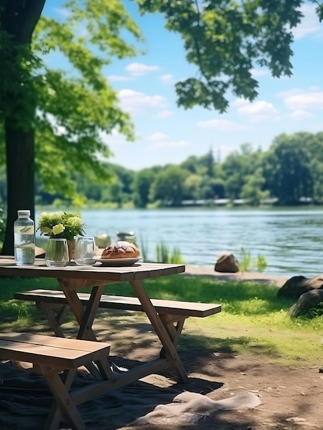 Zdjęcie spokojnego miejsca piknikowego Riverside z łagodnym wiatrem i widokiem spokojne krajobrazy spokojny