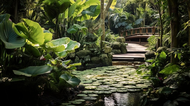 Zdjęcie spokojnego ogrodu botanicznego z egzotycznymi gatunkami roślin