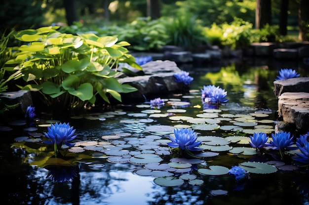 Zdjęcie spokojnego stawu ogrodowego z liliami wodnymi Flower Garden