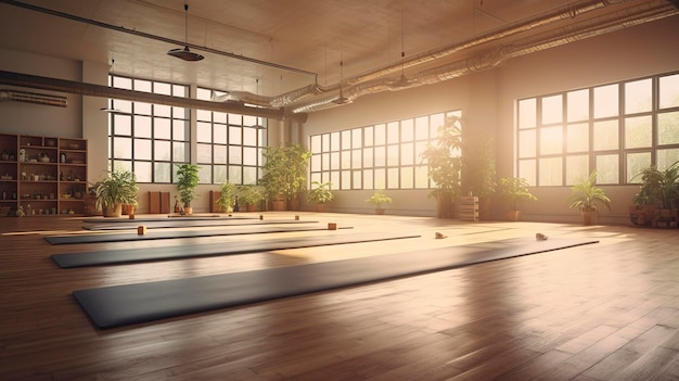 Zdjęcie zdjęcie spokojnego wnętrza studia jogi z miękkim oświetleniem