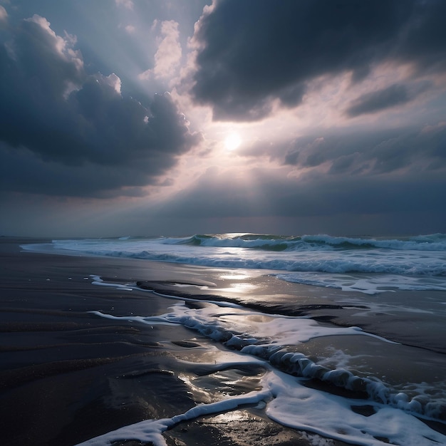 Zdjęcie spokojnego zachodu słońca na plaży, ocean przybrzeżny z chmurami, dramatyczny piasek na wybrzeżu