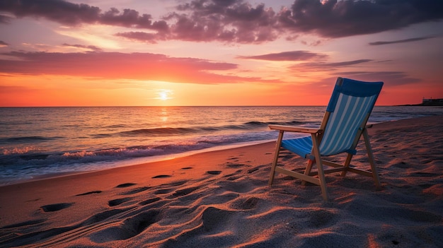 Zdjęcie spokojnego zachodu słońca na plaży z samotnym krzesłem na plaży na pierwszym planie