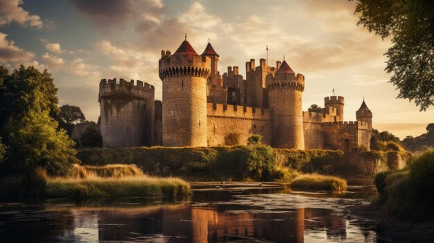 Zdjęcie zdjęcie średniowiecznego zamku z fosą na tle złotej godziny światła