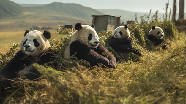 Zdjęcie zdjęcie stada pand odpoczywającego na otwartym terenie na sawannie