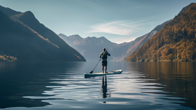 Zdjęcie stand-up paddleboarder szybowania na szklistym jeziorze