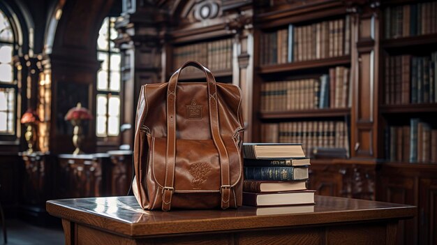 Zdjęcie zdjęcie starego skórzanego plecaka w bibliotece