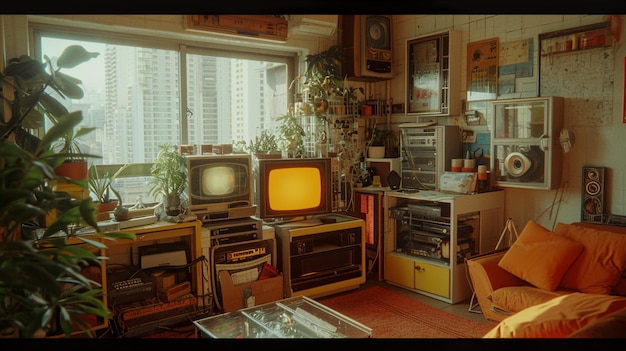 Zdjęcie starego telewizora w kolorowym tle w stylu inspiracji retro