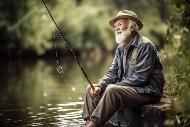 Zdjęcie starszego mężczyzny cieszącego się dniem wędkowania stworzone za pomocą generatywnej AI