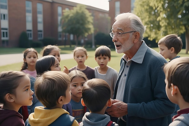 Zdjęcie starszego mężczyzny rozmawiającego z grupą dzieci na zewnątrz stworzone za pomocą generatywnej sztucznej inteligencji