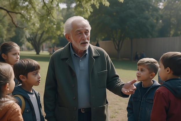 Zdjęcie starszego mężczyzny rozmawiającego z grupą dzieci na zewnątrz stworzone za pomocą generatywnej sztucznej inteligencji