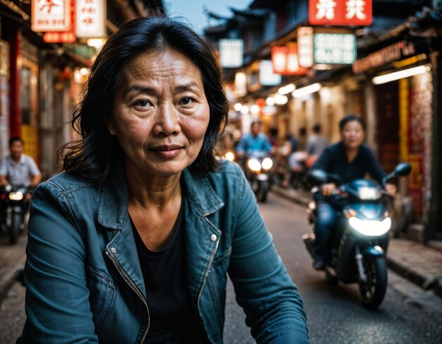 Zdjęcie zdjęcie starszej starszej kobiety jeżdżącej na motocyklu przez chiński lokalny rynek uliczny w nocy generatywna sztuczna inteligencja