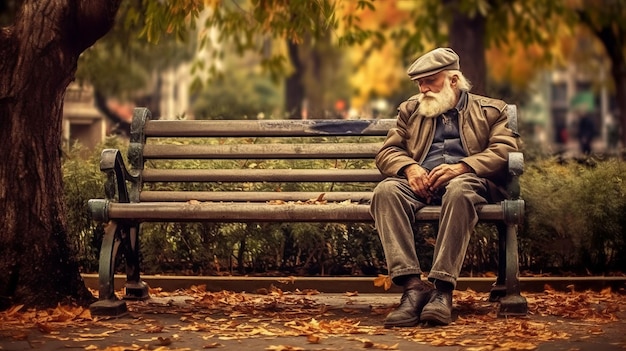 Zdjęcie staruszka odpoczywającego przy ławce.