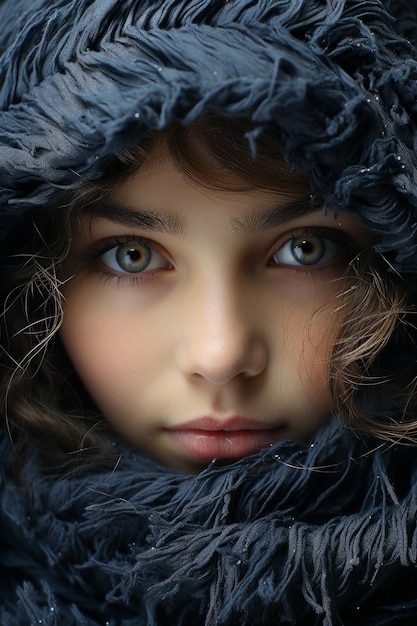 Zdjęcie stockowe bliska makro młodej dziewczyny o niebieskich oczach obejmujące jej