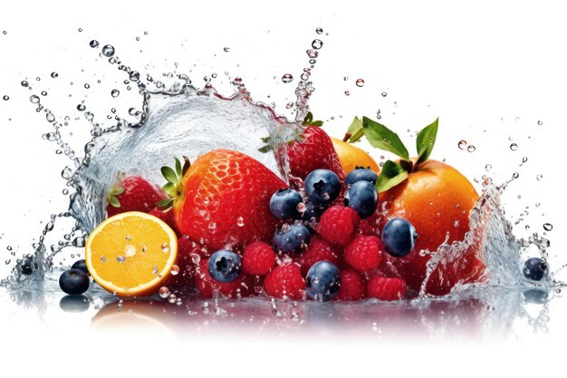 Zdjęcie stockowe przedstawiające plusk głębokiej wody z mieszanką owoców na białym tle Fotografia żywności
