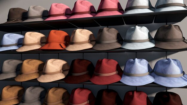 Zdjęcie zdjęcie stojaka modnych kapeluszy wiadrowych